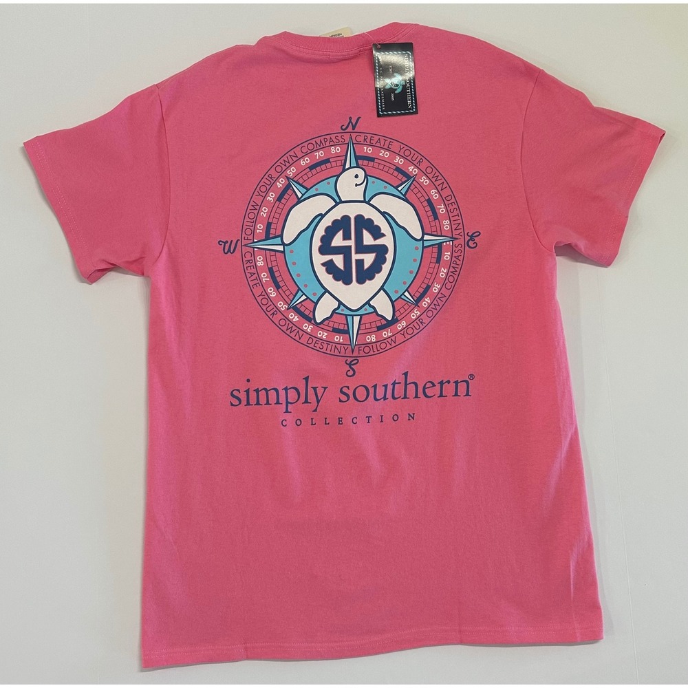 Simply Southern Pink Compass Turtle Graphic T-Shirt Medium NWT